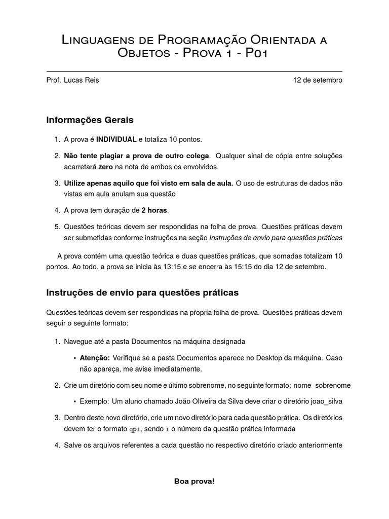 Prova de Programação Orientada a Objetos | PDF | Classe (programação de ...
