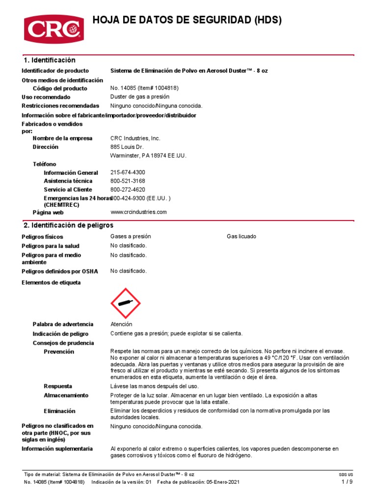 Msds CRC Duster Aerosol Dust Renoval System PDF