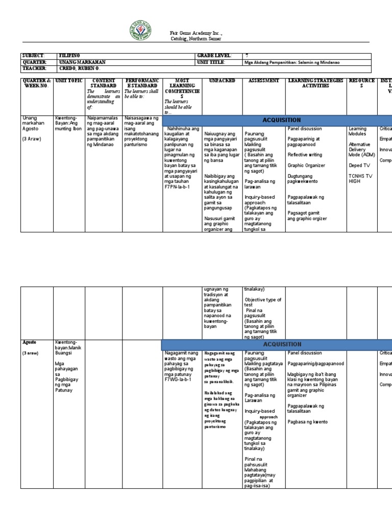 Filipino Curriculum Mapping Quarter 1 | PDF