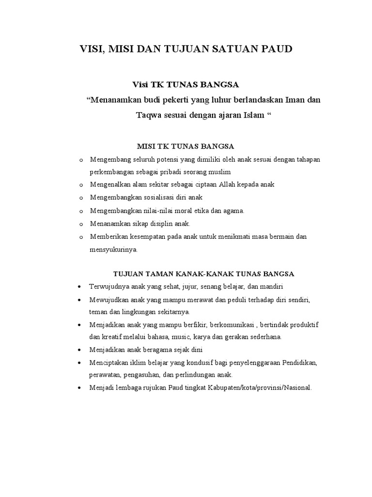 Visi Misi Dan Tujuan TK Tunas Bangsa PDF