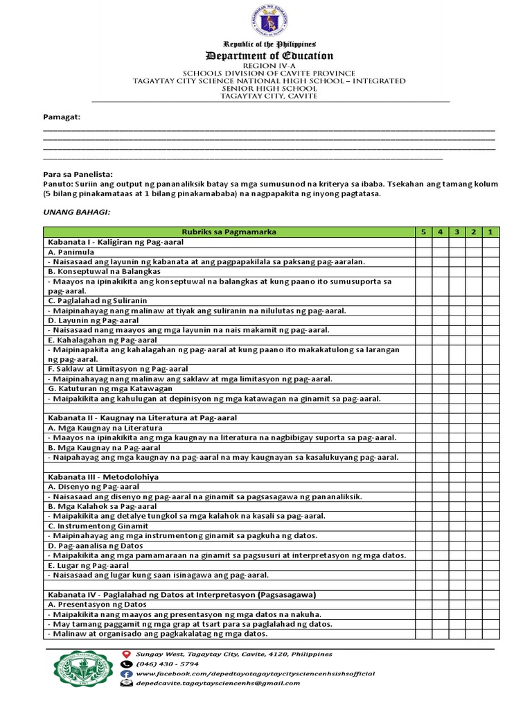 Rubriks Sa Pagpupuntos NG Sulating Pananaliksik 2 | PDF