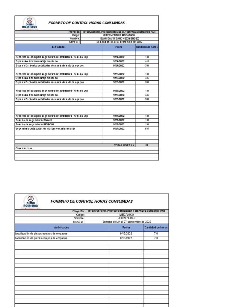 Formato Horas DIMAI - CEMPAIS Semana Del 9 Al 16 de Septiembre de 2022 ...