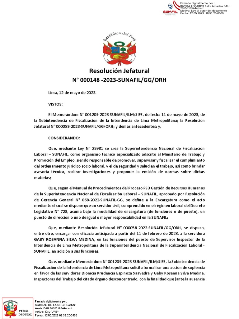 Encargaturas en SUNAFIL: Resolución 000148 | PDF | Gobierno