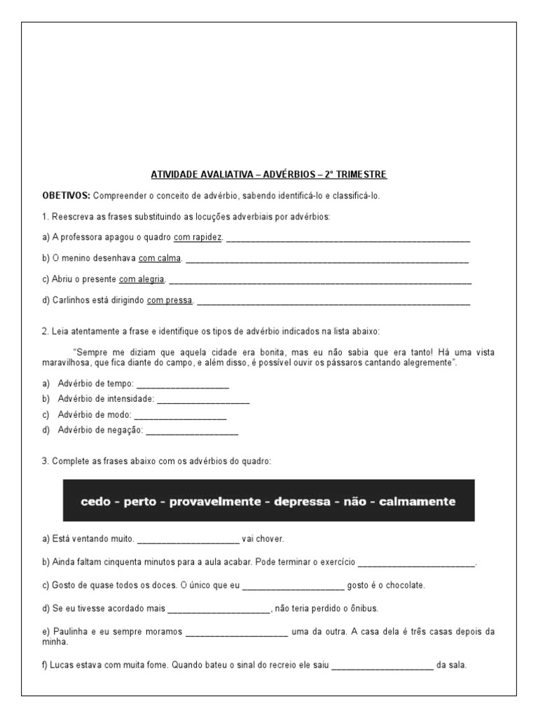 Atividade Avaliativa sobre Advérbios 6º Ano | PDF | Advérbio