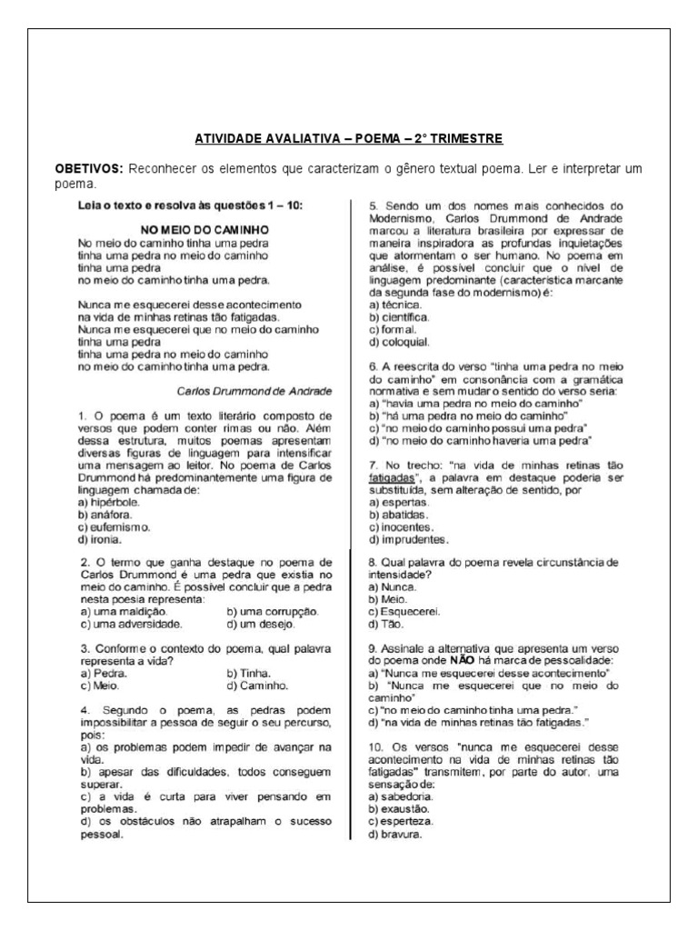 Atividade avaliativa - Poema - 8° ano - 2° Trimestre | PDF