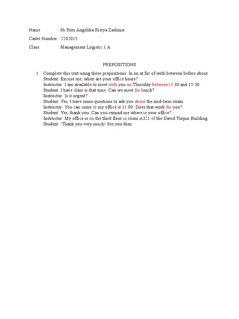 Prepositions Practice Dialogue Exercise | PDF