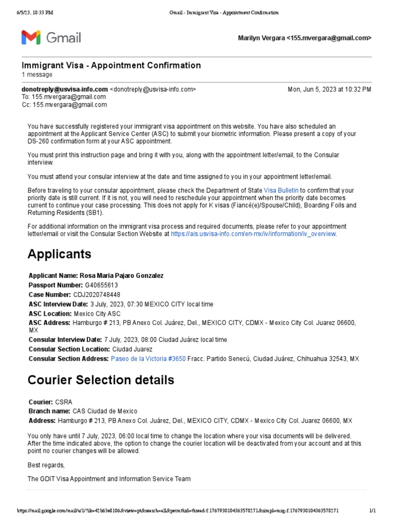 Gmail Immigrant Visa Appointment Confirmation PDF Travel Visa