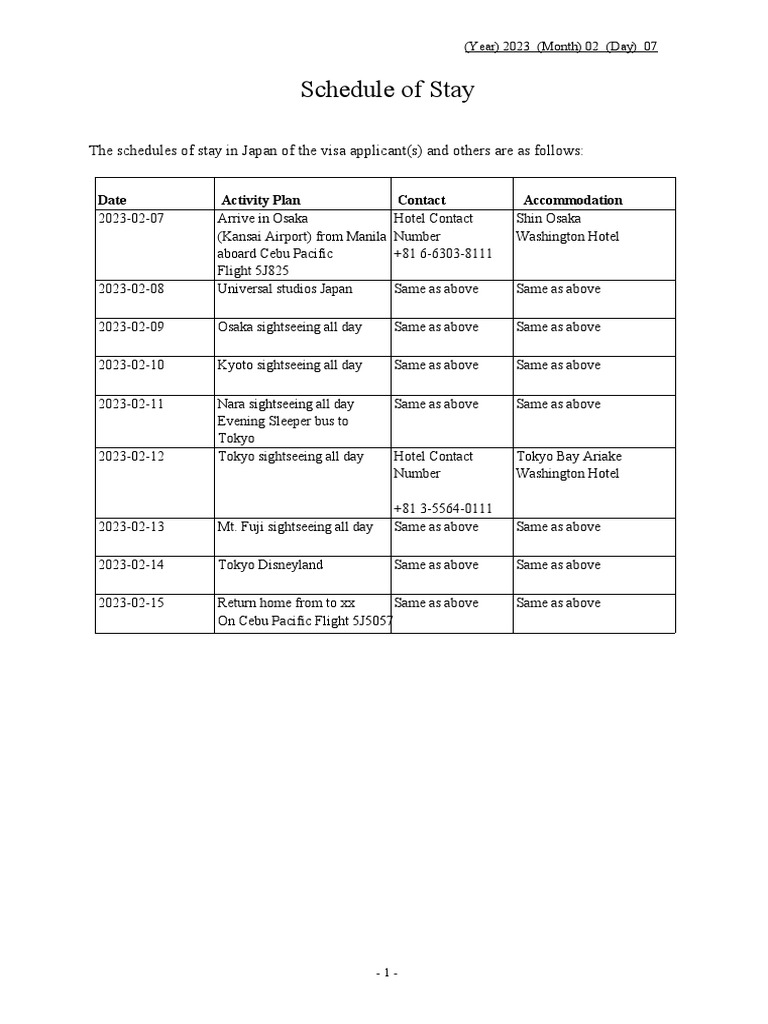 Japan Daily Schedule Sample