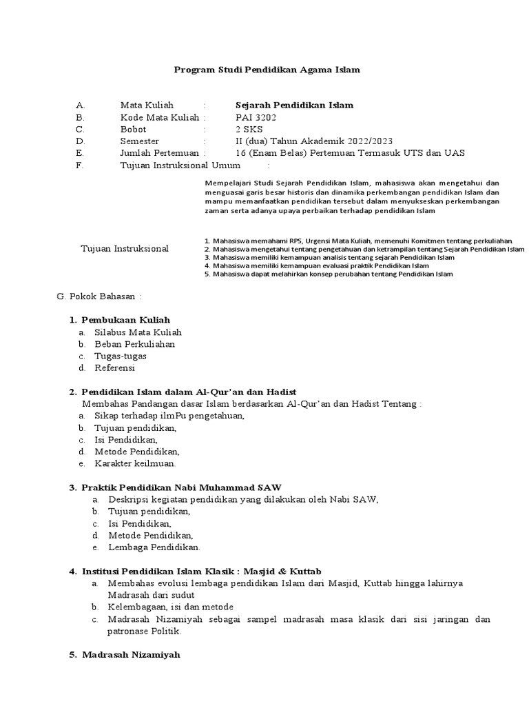Silabus Sejarah Pendidikan Islam Pdf