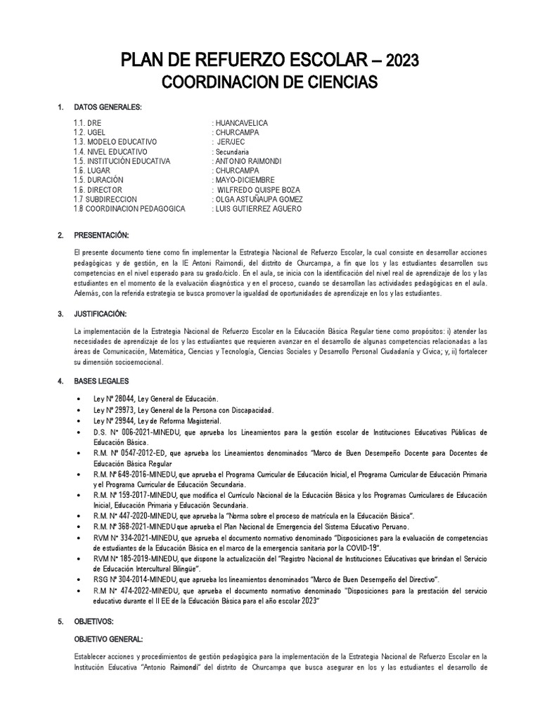 Plan de Refuerzo Escolar 2023 Plan Colegiado | PDF