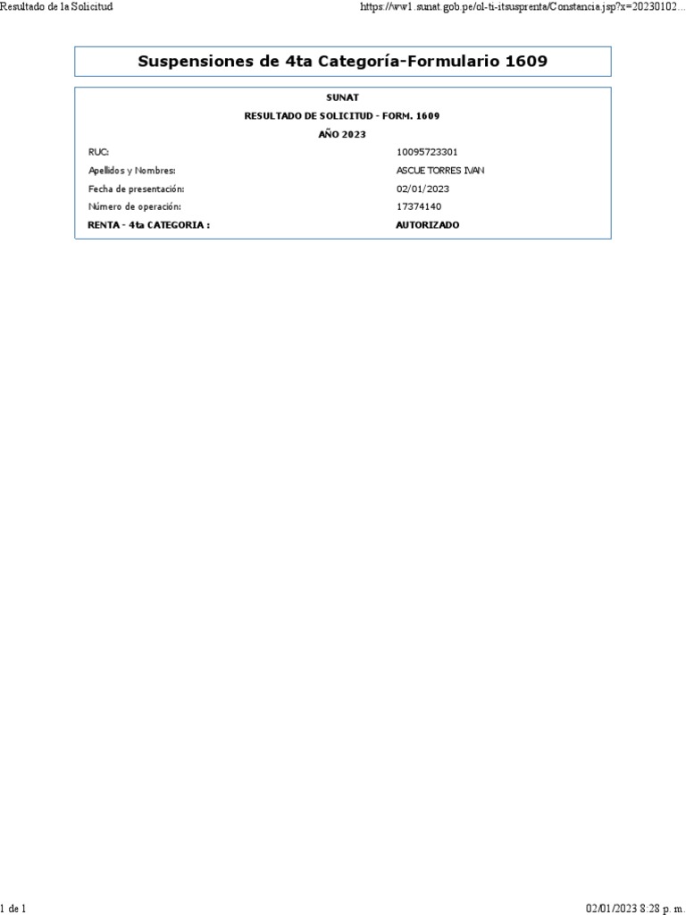 Resultado Formulario 1609 - 4ta Categoría | PDF