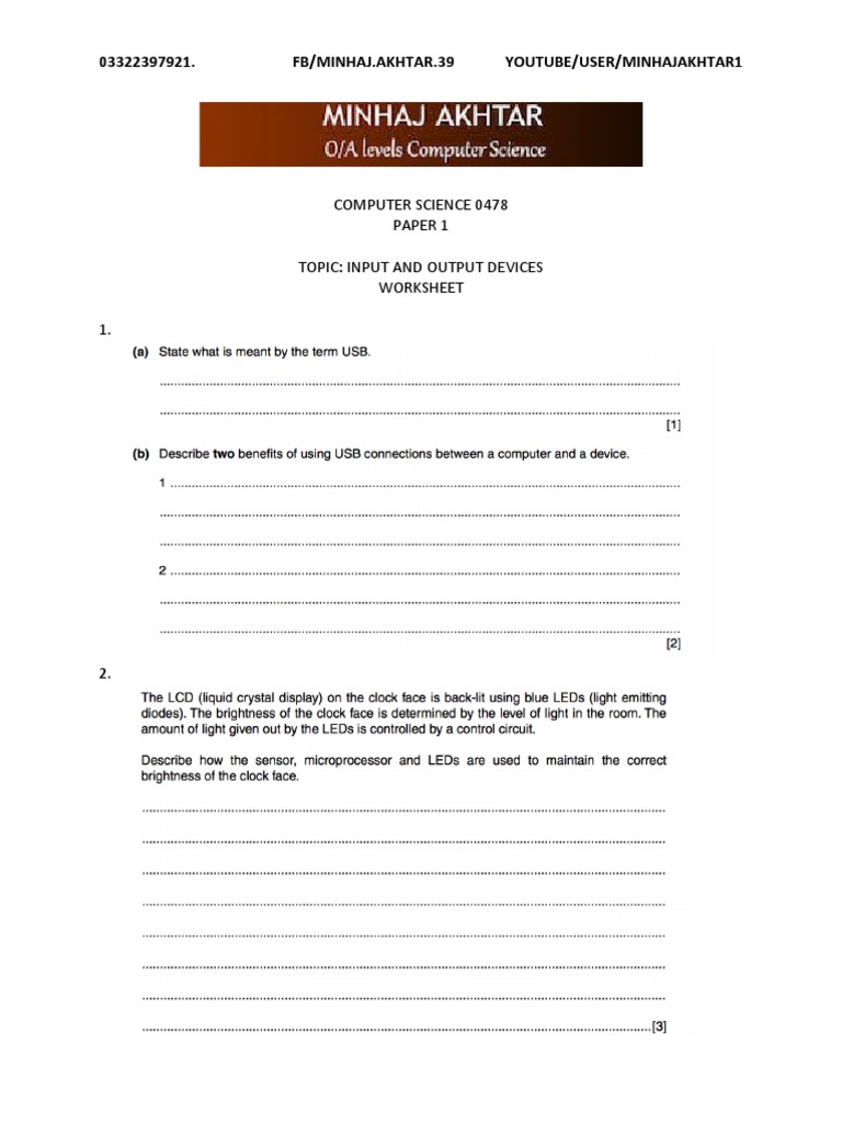 Input and Output Devices Worksheet | PDF
