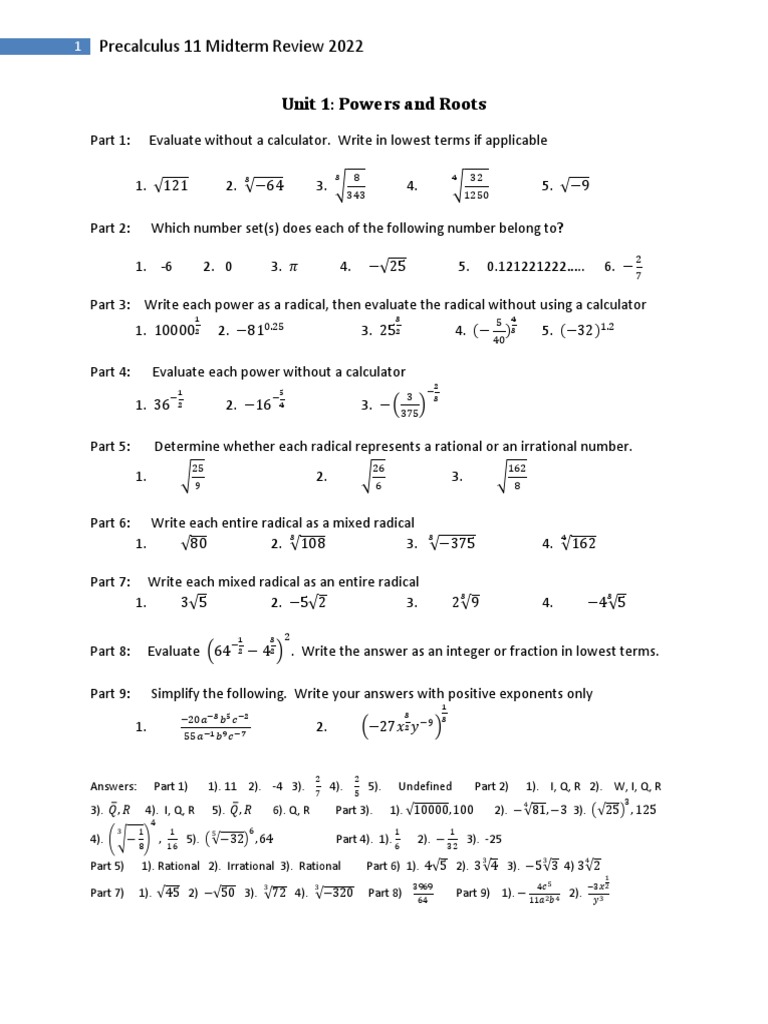 Math 11 Mid Term Review Package Updated April 20221 PDF Square