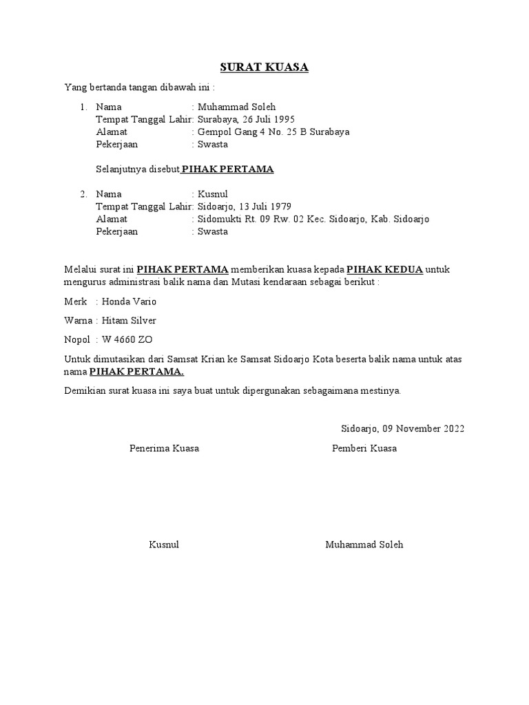 Surat Kuasa Mutasi Motor | PDF