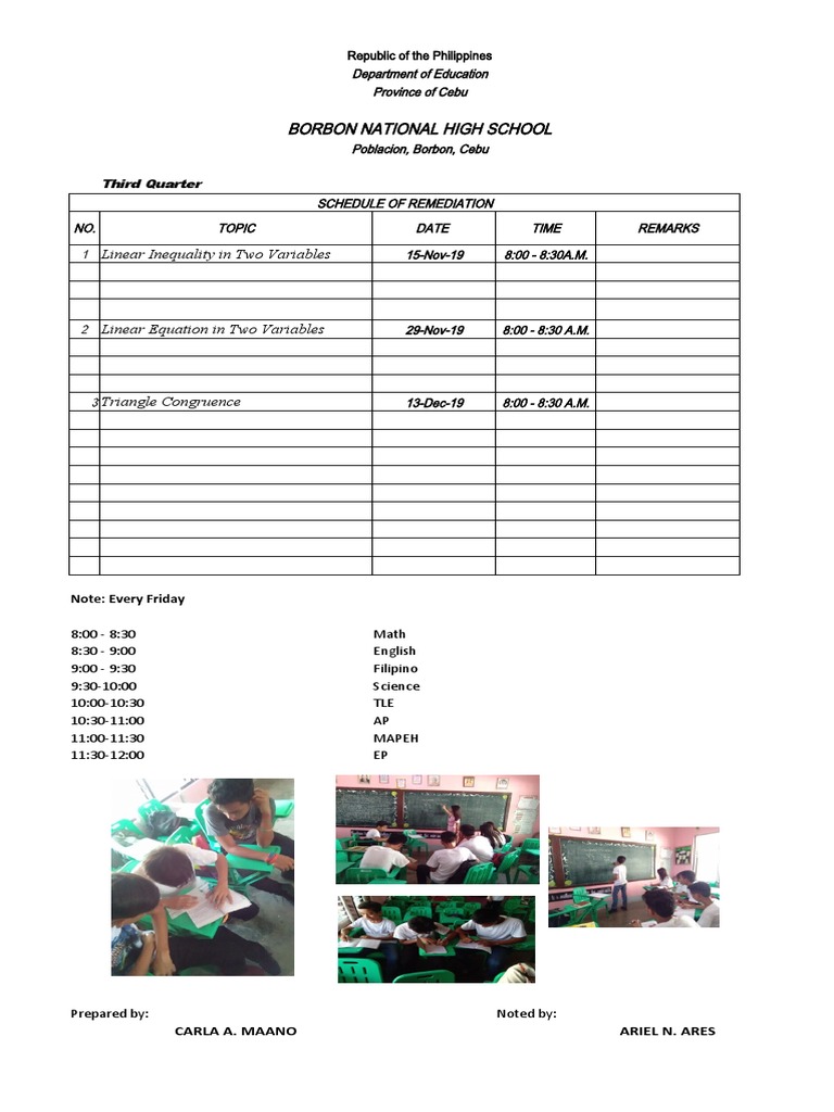 Borbon High School Remediation Schedule | PDF | Mathematical Concepts ...