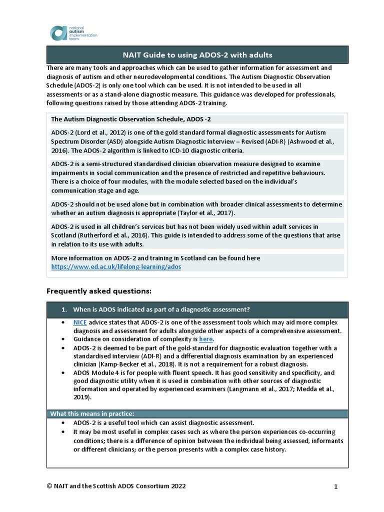 ADOS-2 Guide for Adult Assessment | PDF | Science & Mathematics