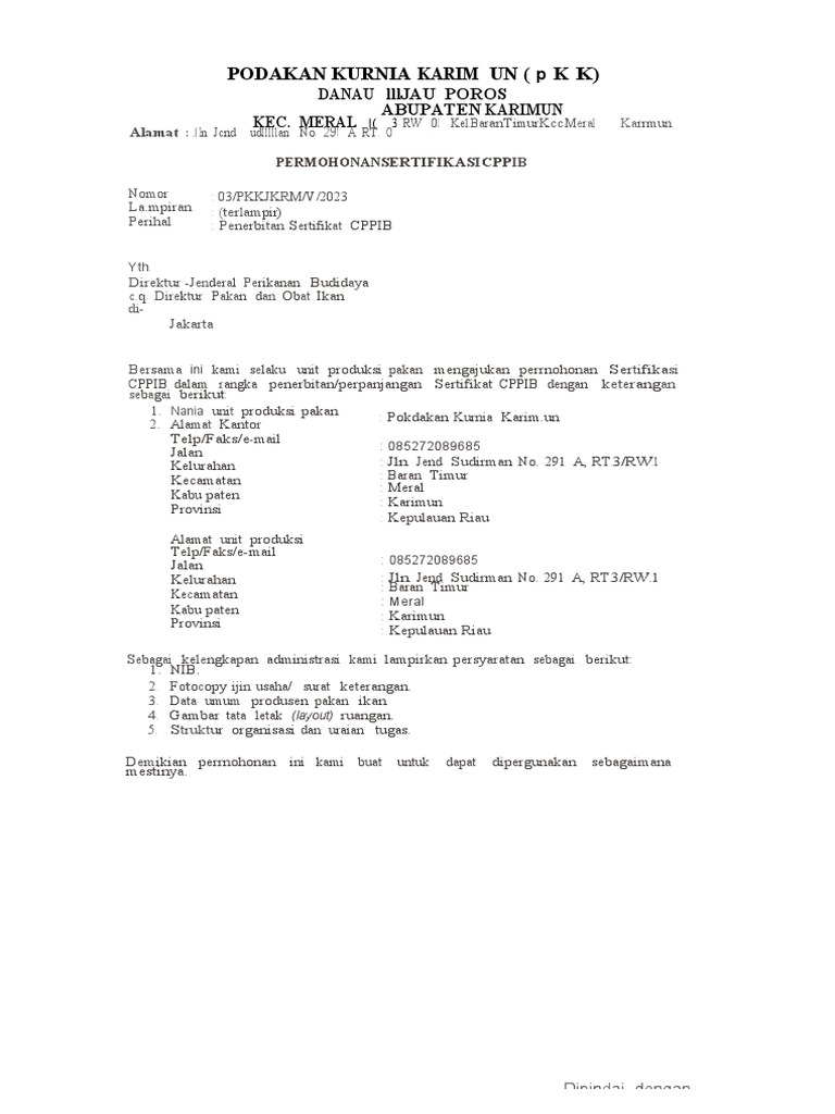 Permohonan Sertifikat CPPIB Kurnia Feed | PDF