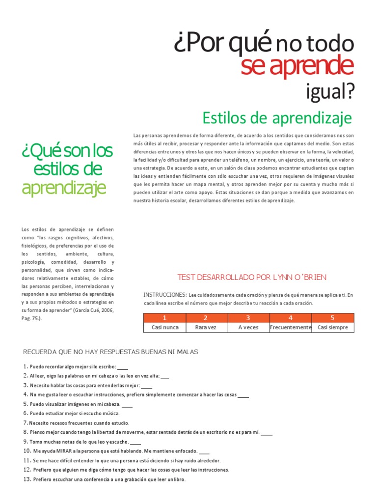 Test de Estilos de Aprendizaje VAK | PDF | Aprendizaje | Aprendiendo ...