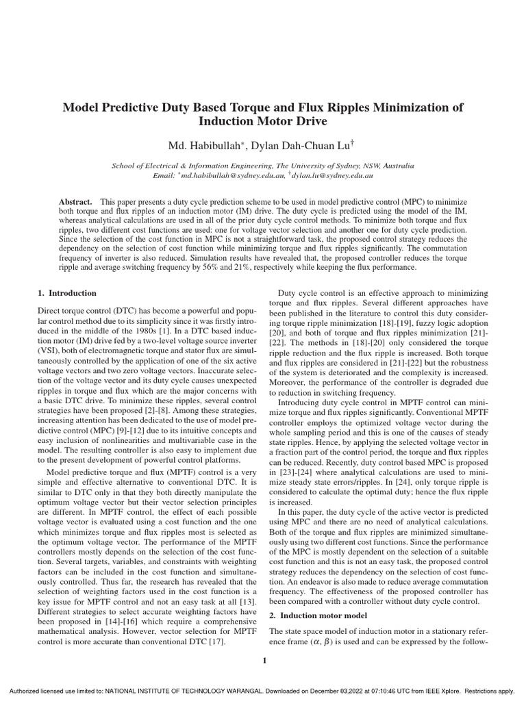 Model Predictive Duty Based Torque and Flux Ripples Minimization of ...