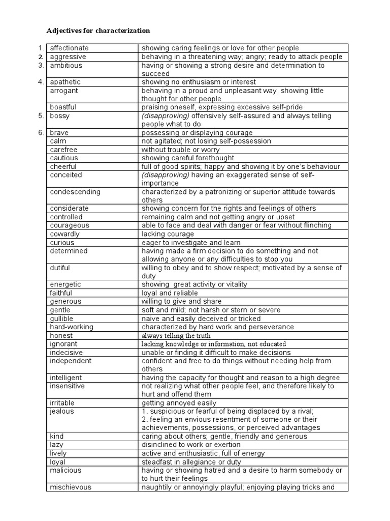 Adjectives for Characterization Guide | PDF | Self Esteem | Prejudices
