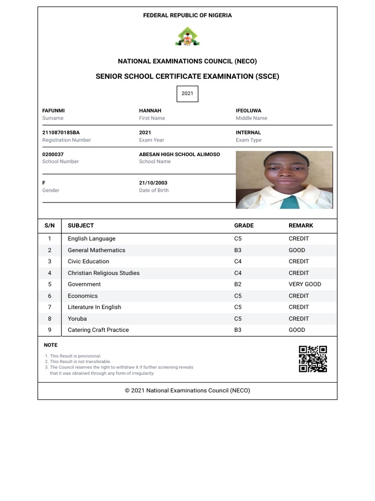 NECO 2021 SSCE Result Sample | PDF