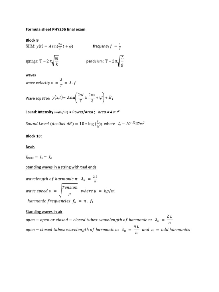 Biostatistics Formula Sheet for PHY206 | PDF | Waves | Atomic