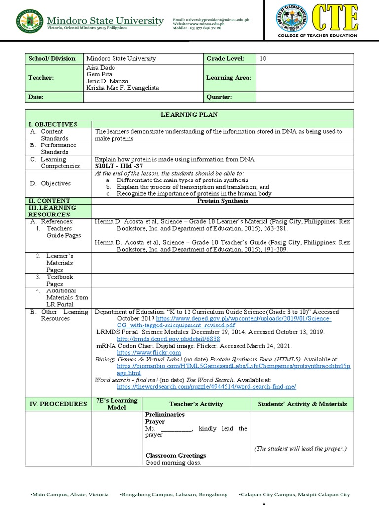 Protein Synthesis Learning Activity | PDF