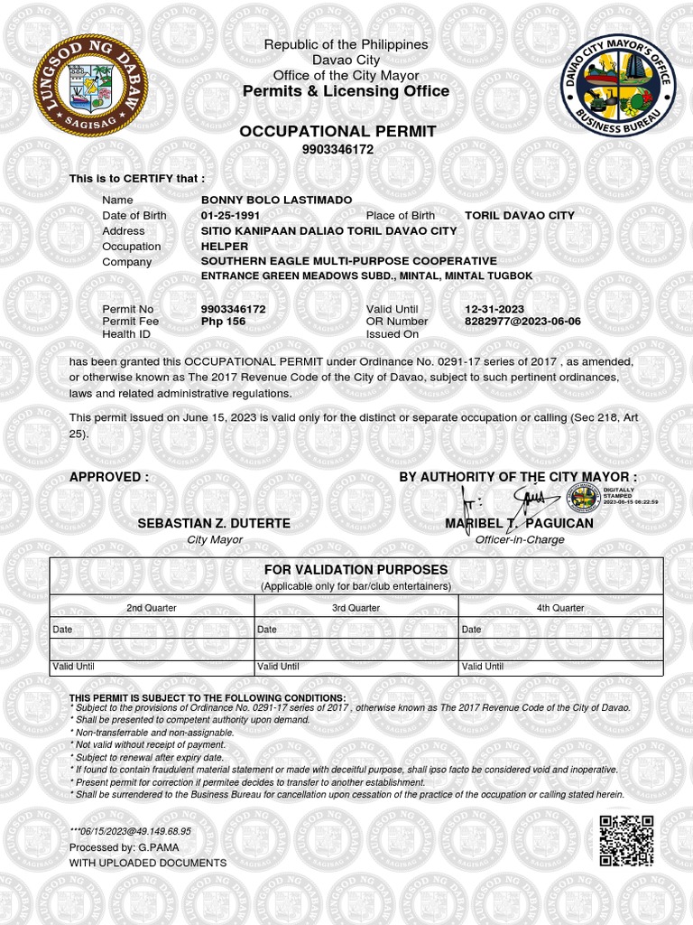 Permits licensing office occupational permit republic of the