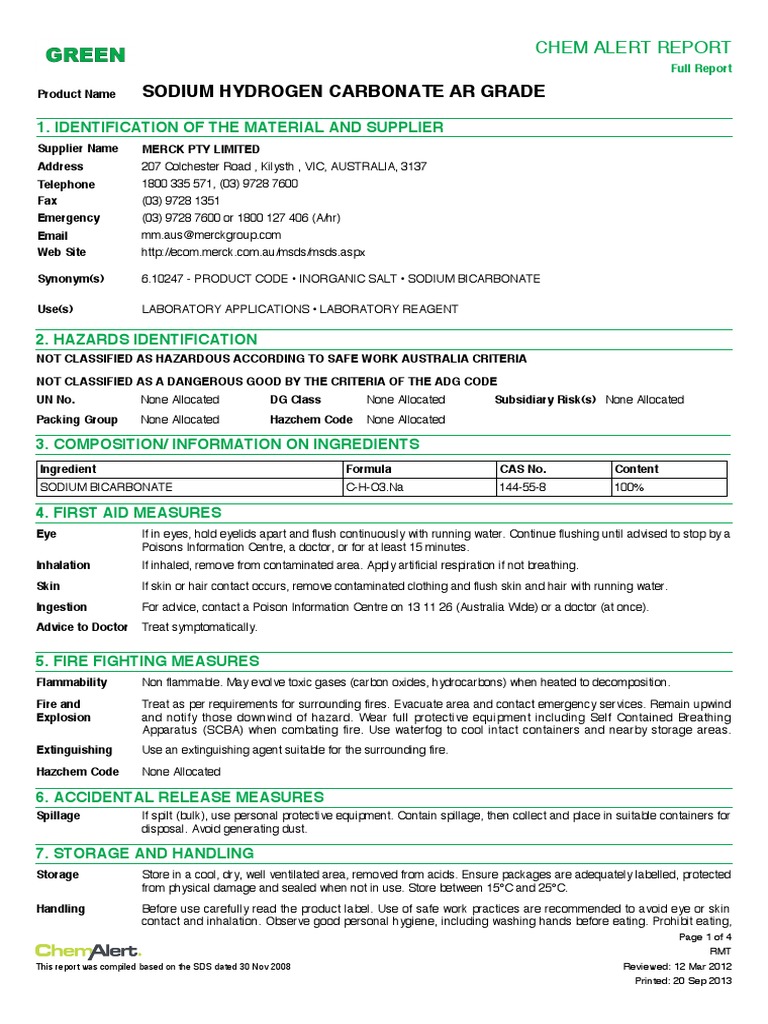Sodium Hydrogen Carbonate Merck 20120312 | PDF | Hazards | Personal ...