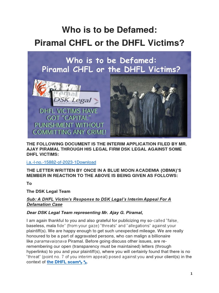 Defamation Case: Piramal vs. DHFL Victims | PDF