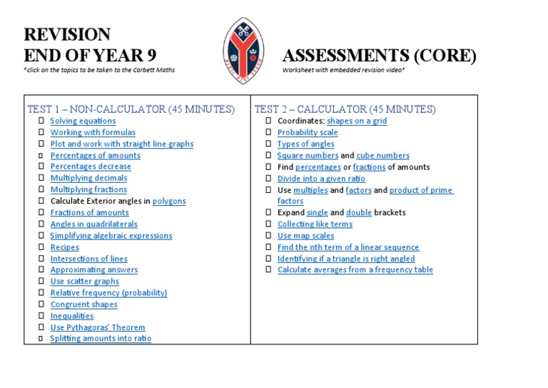 Year 9 Maths Revision Assessments | PDF | Teaching Methods & Materials