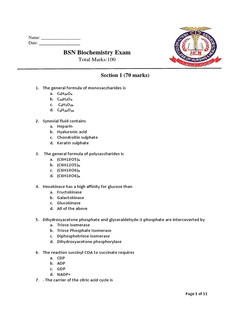 BSN Biochemistry Exam Questions | PDF | Glycolysis | Glucose