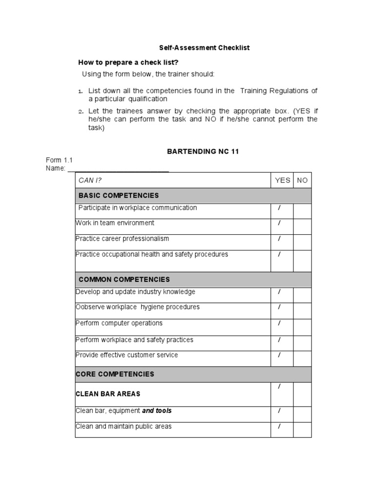 Bartending NC11 Self Assessment Checklist PDF Bartender