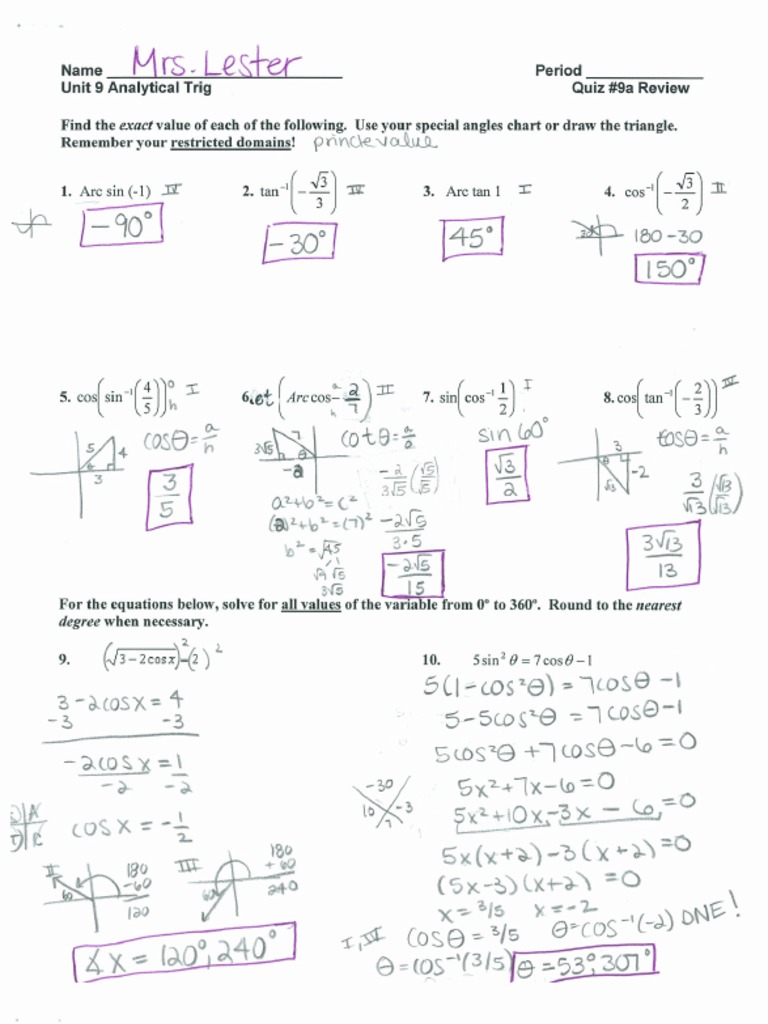 Quiz 10a Review Sheet Answer Key (Identities, Inverse Trig, Trig