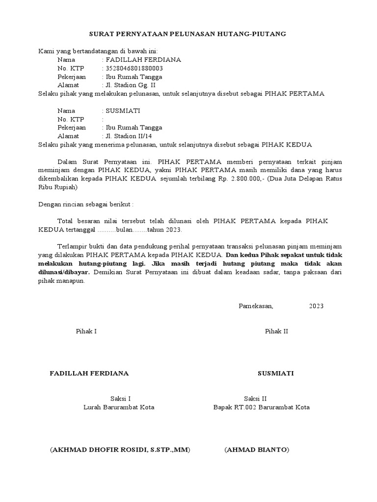 Surat Pernyataan Pelunasan Hutang Piutang Pdf