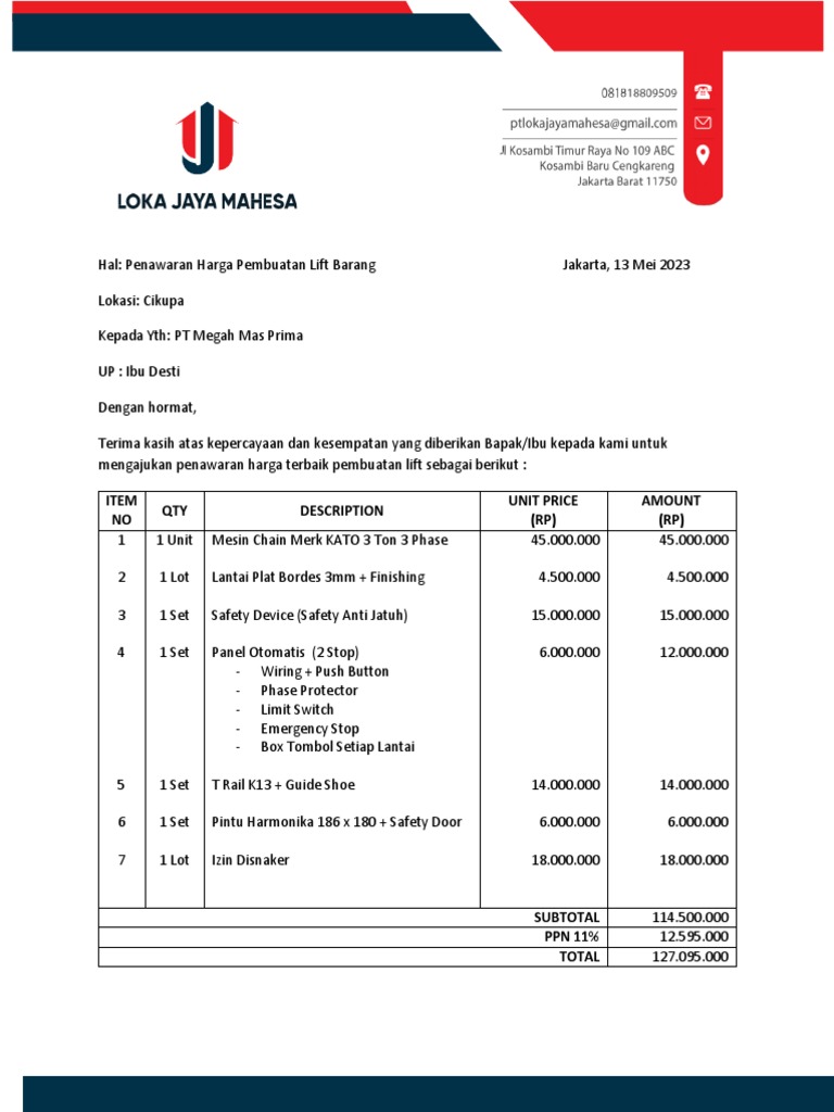 PENAWARAN Lift Cargo Ibu Desti PT Megah Mas Prima | PDF