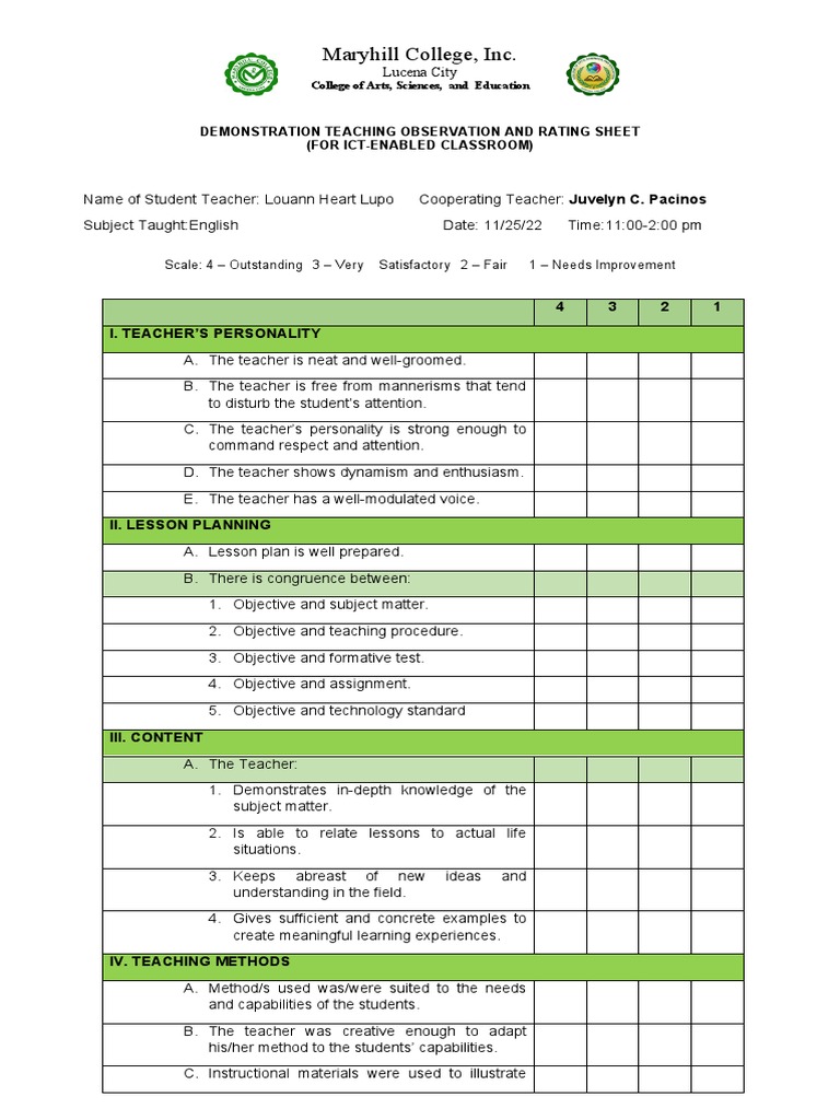 ICT-Enabled Teaching Demo Rating Sheet | PDF | Educational Technology ...