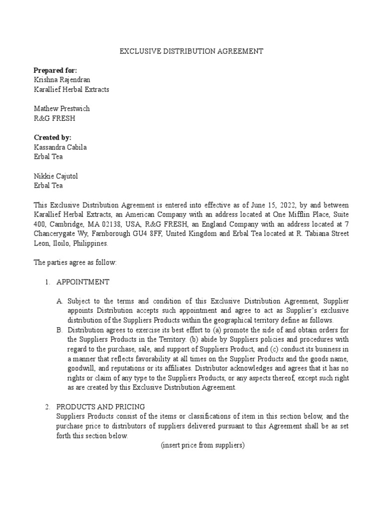 Exclusive Distribution Agreement PDF Tea Market (Economics)