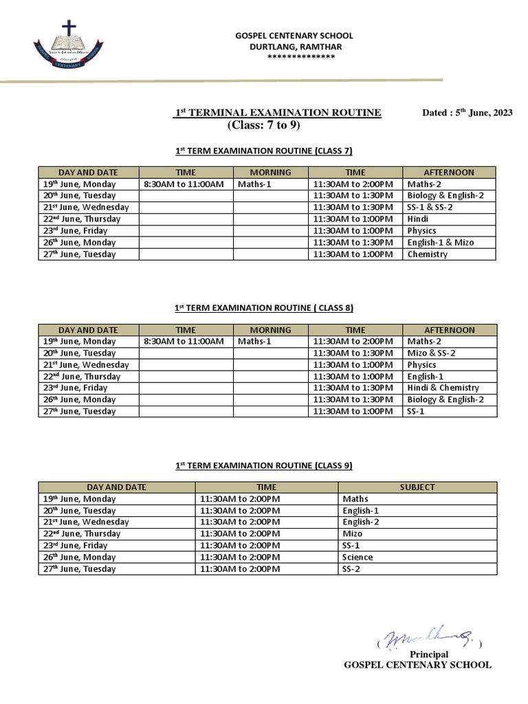 Class 7 Exam Routine 2023 | PDF