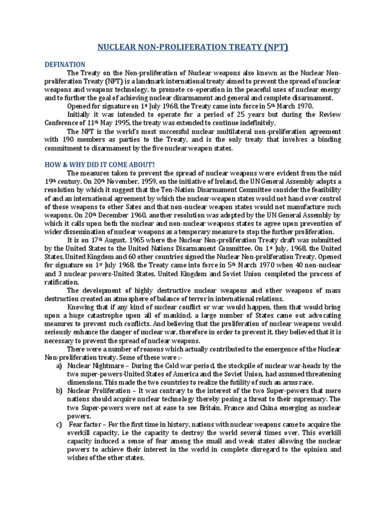 Nuclear Non-Proliferation Treaty (NPT) | PDF | Treaty On The Non ...