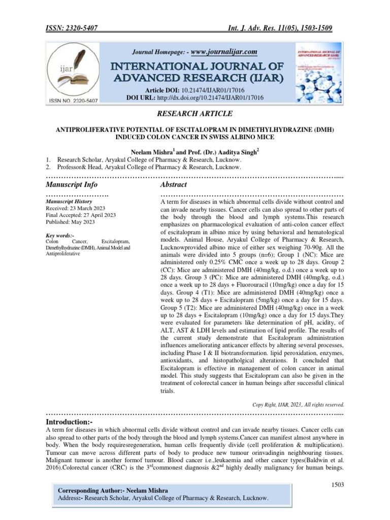 Antiproliferative Potential of Escitalopram in Dimethylhydrazine (DMH