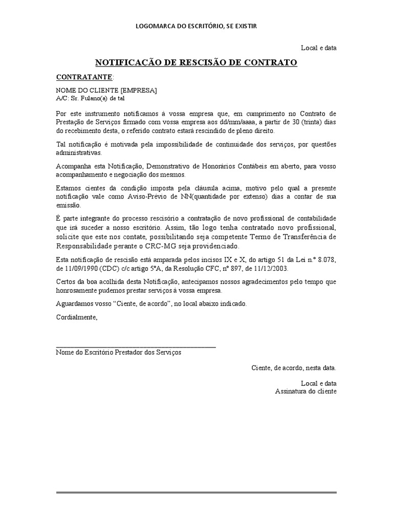 Modelo Notificação de Rescisão de Contrato | PDF