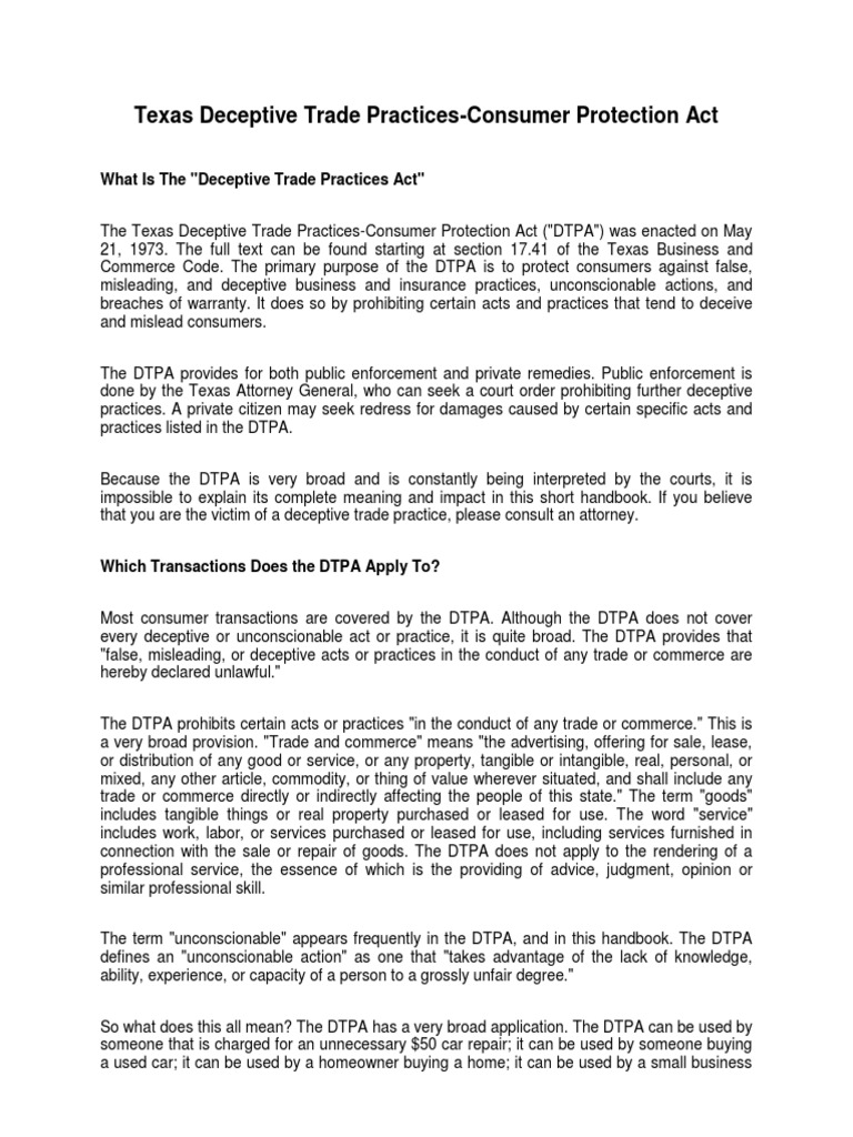 Texas Deceptive Trade Practices Overview | PDF | Lawsuit | Sales