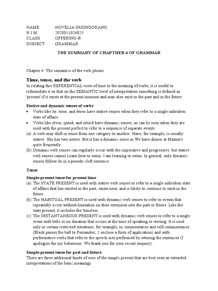 Grammar Chapter 4: Verb Semantics Explained | PDF | Grammatical Tense ...