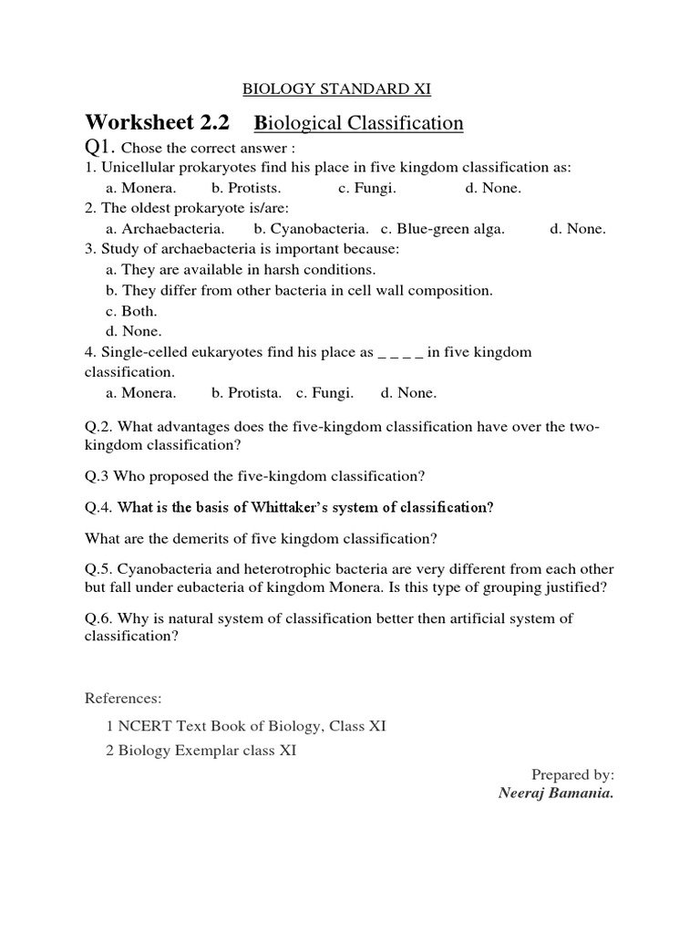XI Biology Biological Classification 2 of 4 Worksheet | PDF, image size:768x1024