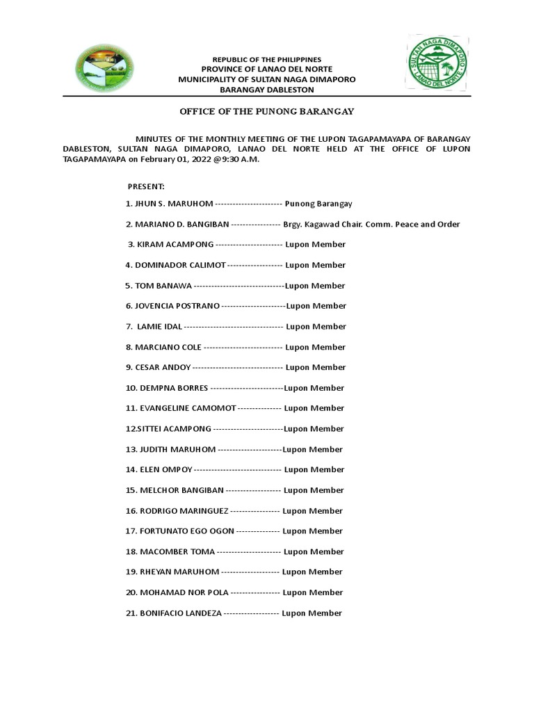 Minutes of lupong tagapamayapa pdf