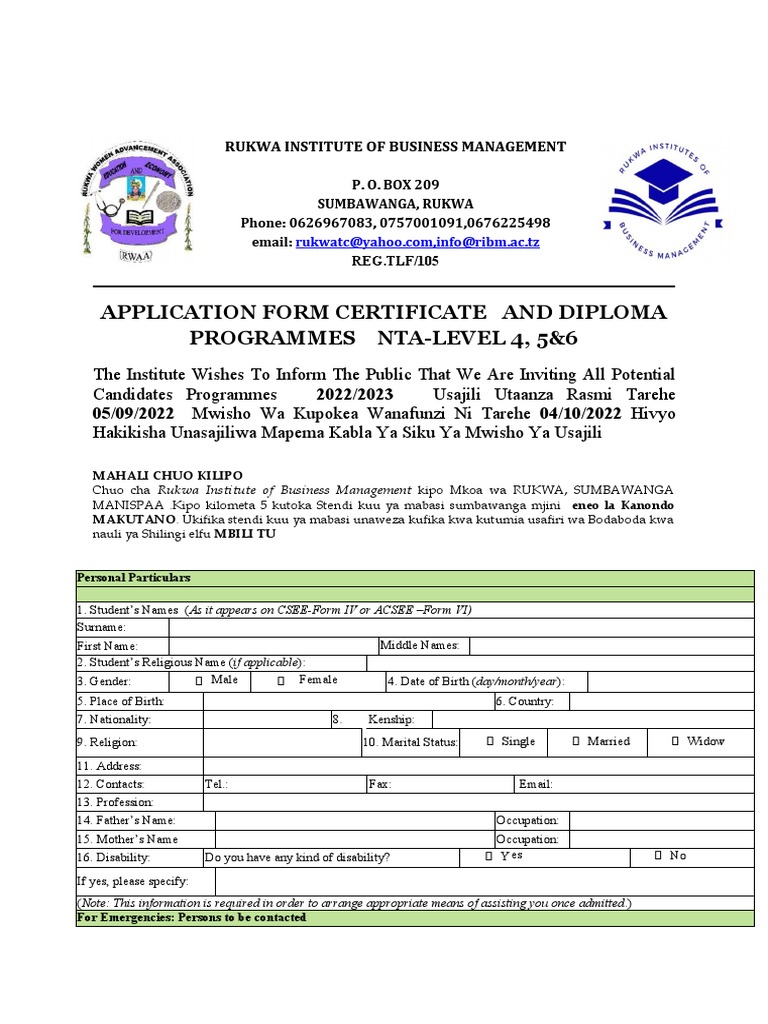 Rukwa Institute Form | PDF