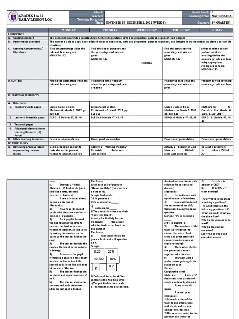 Grade 6 Math Lesson Plan: Percentages | PDF
