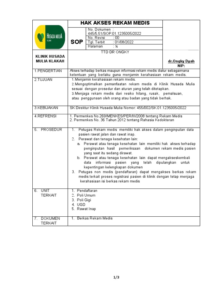 SOP HAK AKSES REKAM MEDIS | PDF