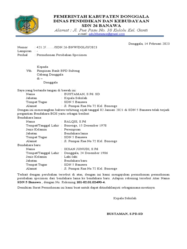 Surat Permohonan Perubahan Specimen Bank Bendahara PDF